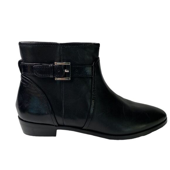 Louise et Cie Black Leather Zora Ankle Booties Low Stack Heel Almond Toe Buckle - Picture 1 of 16